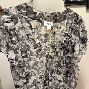 LOFT Black & White Floral Ruffle Tie-Neck Blouse